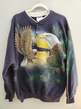 Vintage ABC Desogns Navy Eagle Graphic Men’s 3 Button Sweatshirt XXL